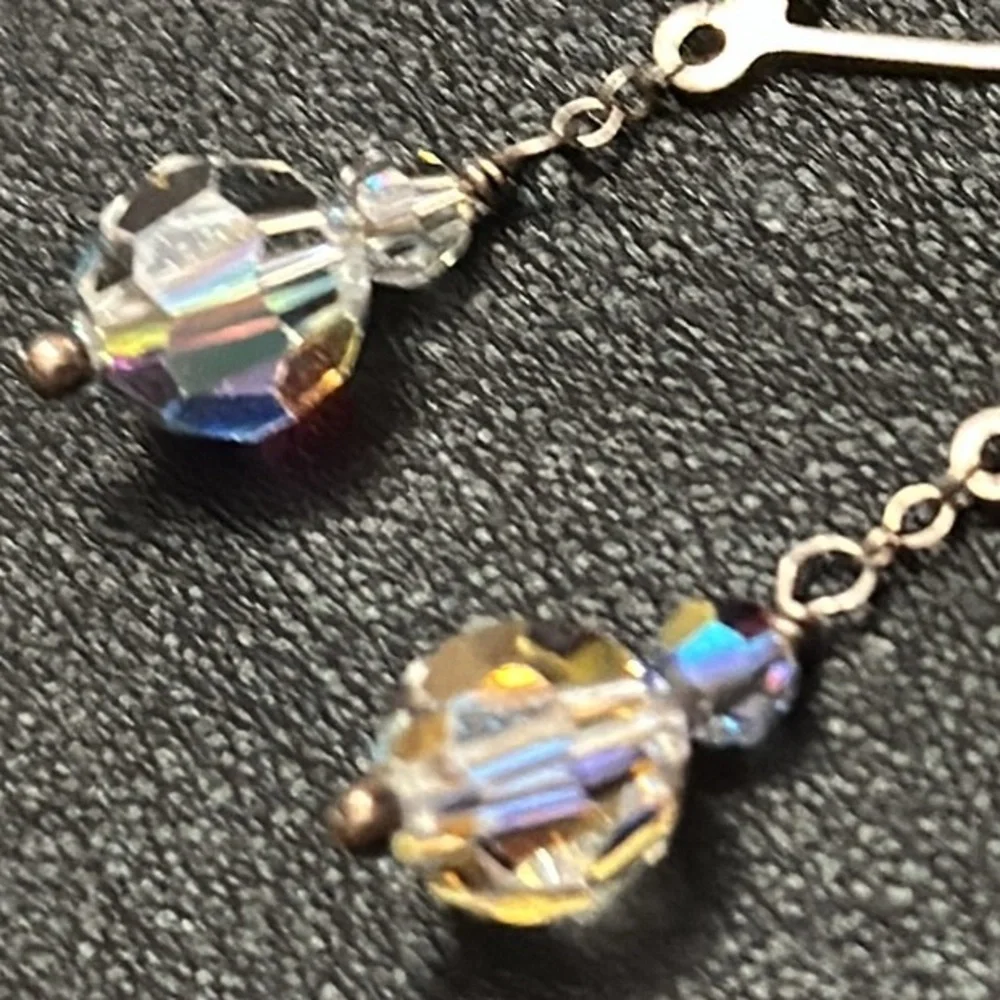 925 Silver Wire Hook Lever Back AB Clear Crystal Dangle Vintage Earrings